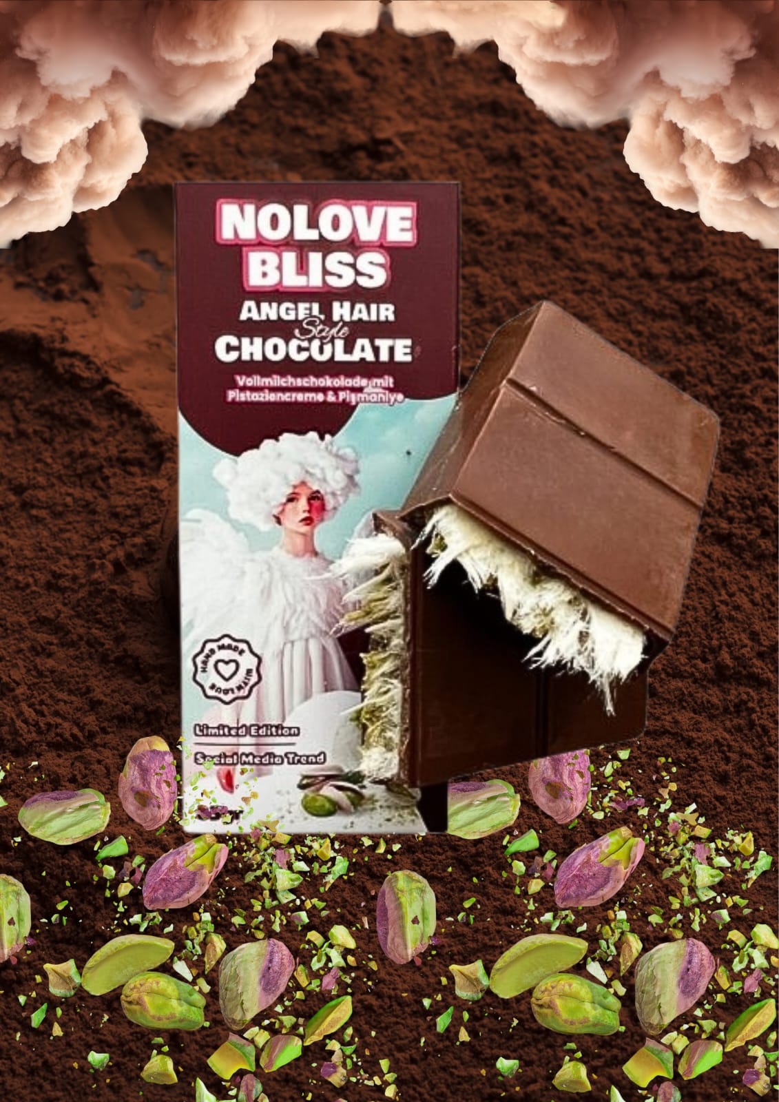 Tablette chocolat NO LOVE BLISS ANGEL HAIR Style chocolat dubaï chocolat au lait Pistache et barbe a papa
