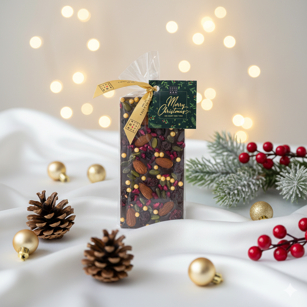 Tablette de chocolat noir de Noël aux canneberges, amandes et pistaches – Tablette de chocolat noir de Noël aux noix, fruits et perles