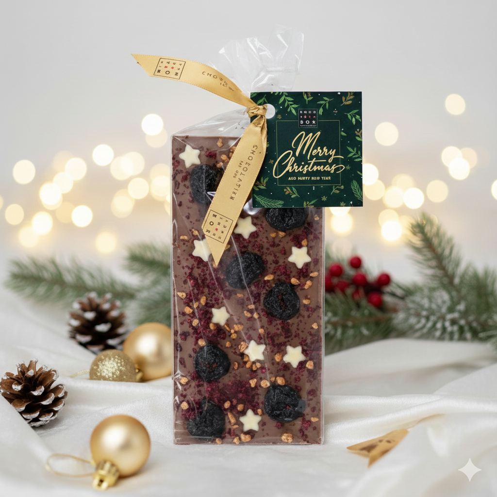 Barre de chocolat au lait de Noël aux cerises et étoiles